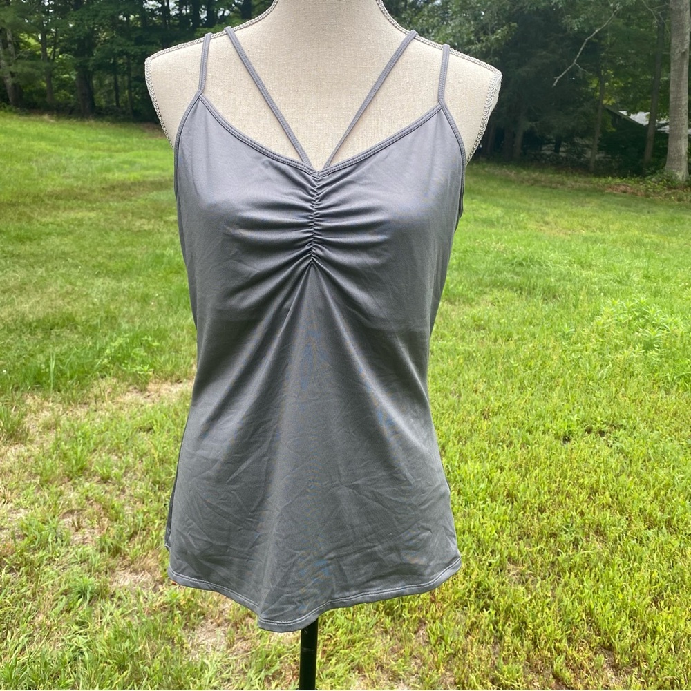 BOSTON PROPER TOP TANK GRAY CRISS CROSS SPAGHETTI STRAPS SHELF BRA SIZE L